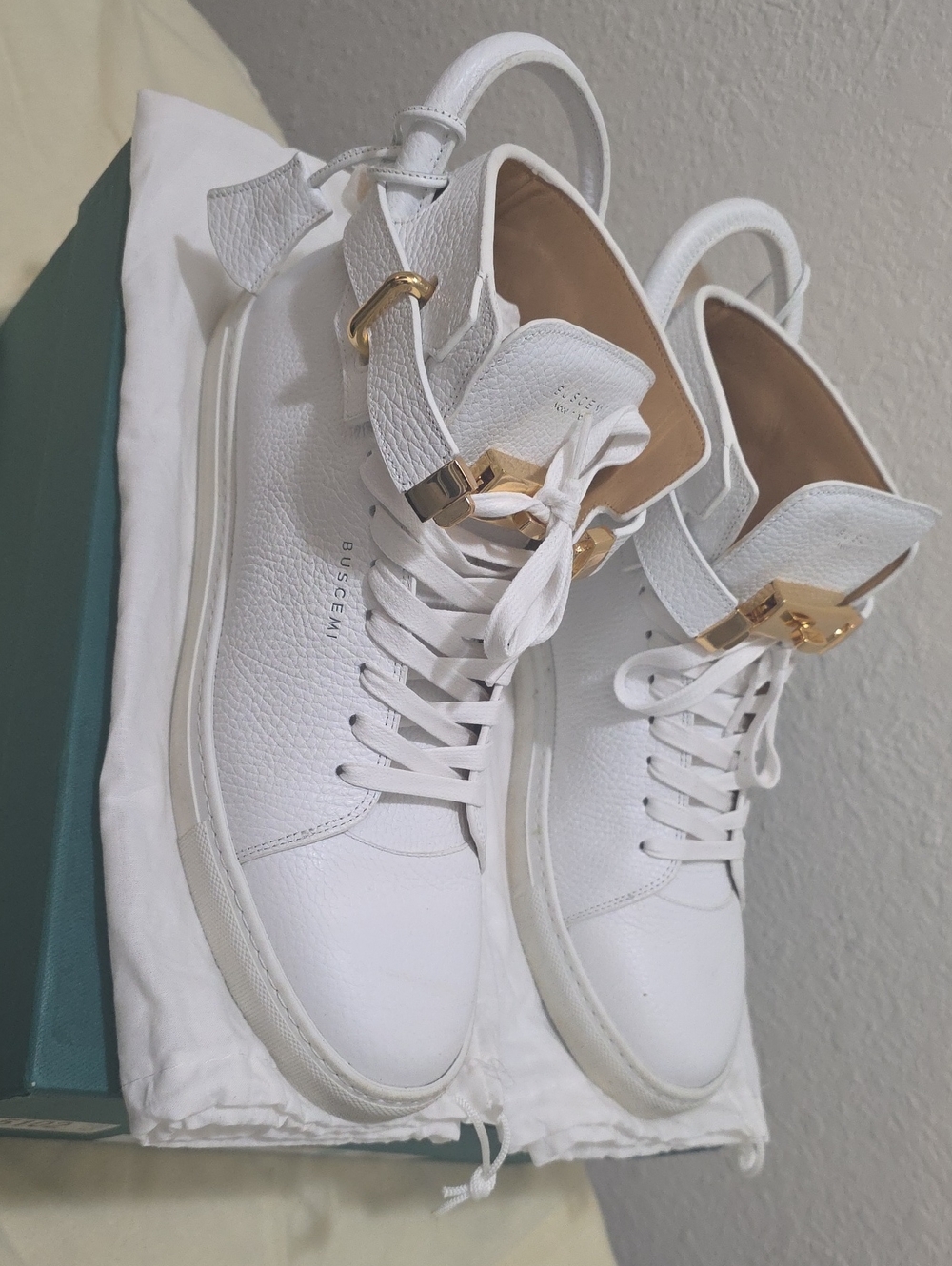 Buscemi White Leather High-Top Sneakers with Gold Buckle